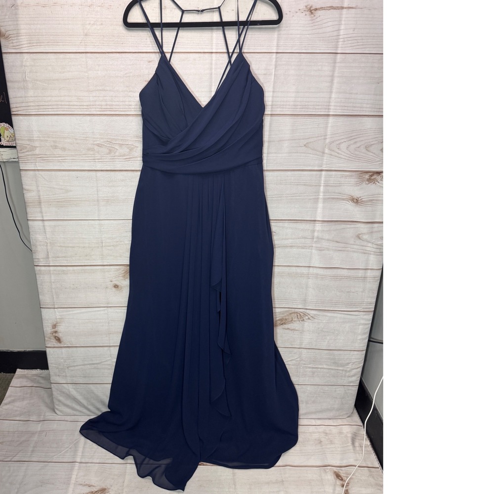 Hayley Paige Occasions 5712 Indigo Chiffon Strappy Back Maxi Dress 12 NWT